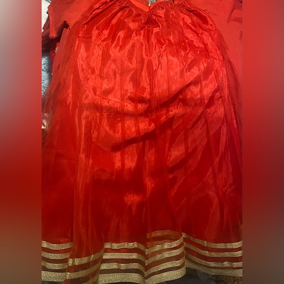 Bright Red Mesh Lengha Skirt - Picture 2 of 2
